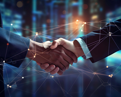 Vertrauen_DigitaleVernetzung Zwei Personen im Anzug geben sich die Hand vor einem digitalen, vernetzten Hintergrund mit leuchtenden Linien und Datenpunkten – Symbol für Vertrauen und Kooperation im digitalen Raum.